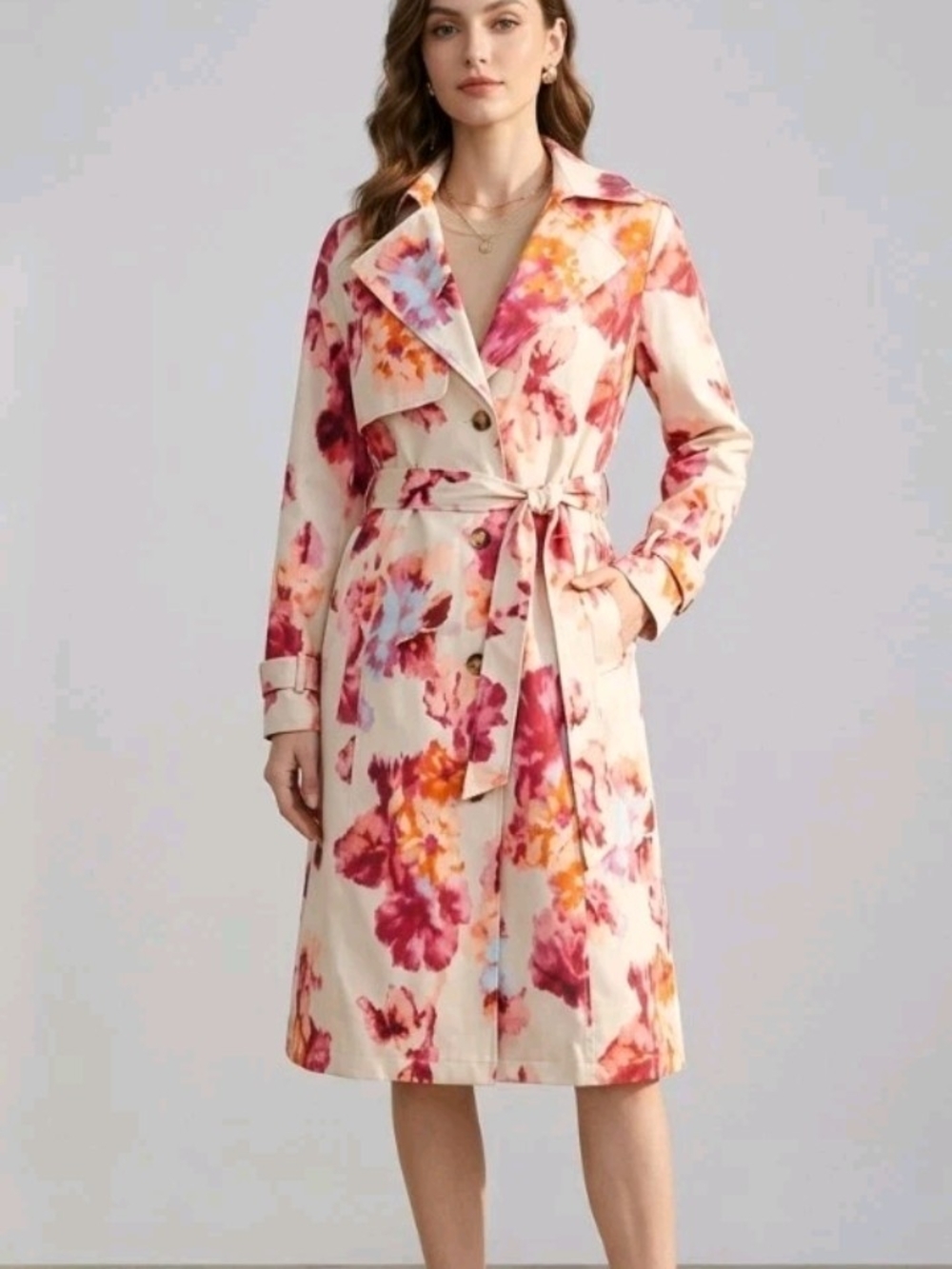 Share Chico's Ikat Floral Trench Raincoat Multi-Color Print Belted Women's 8/10